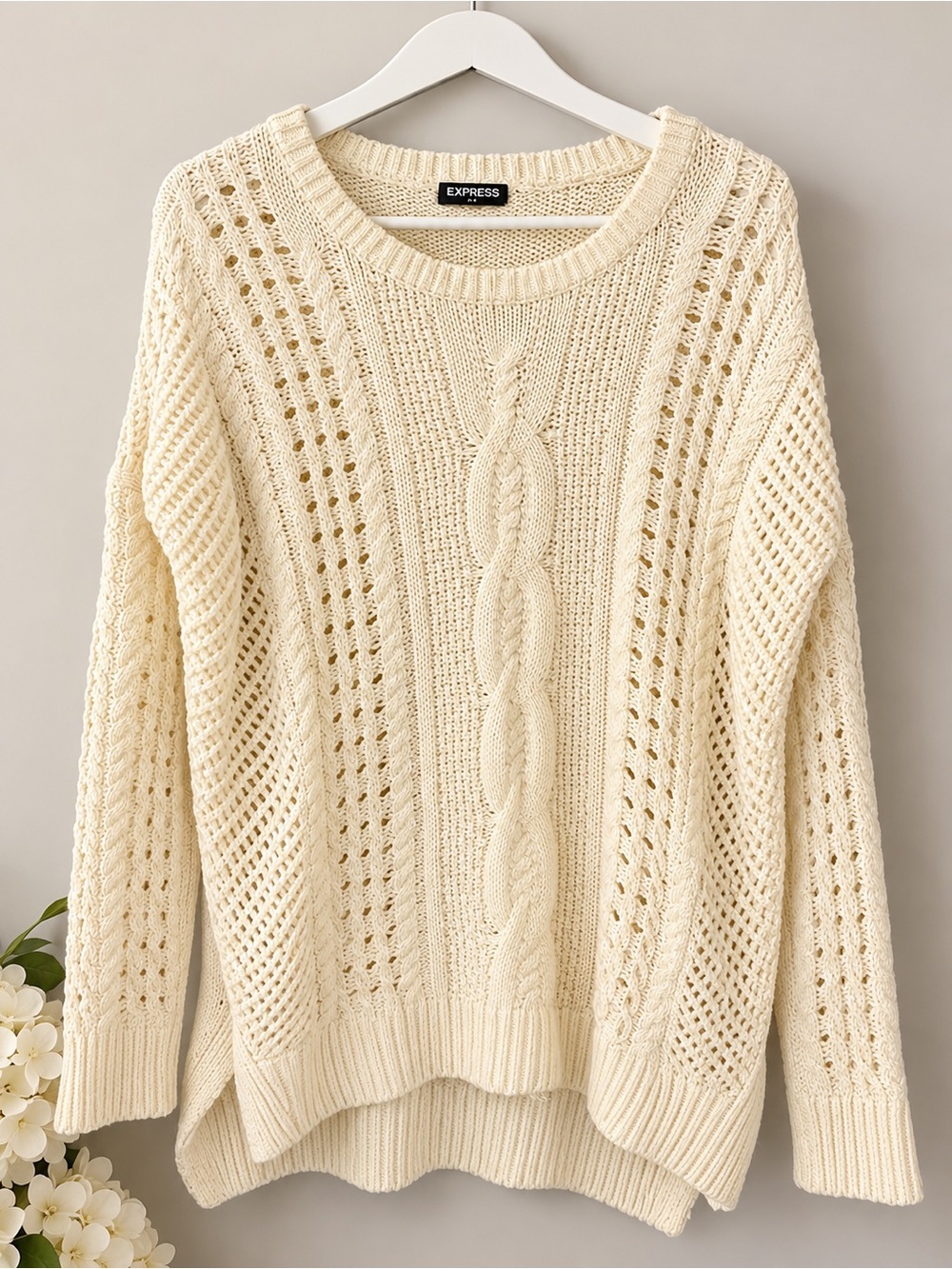 Express Cream Openwork Cable Crewneck Sweater